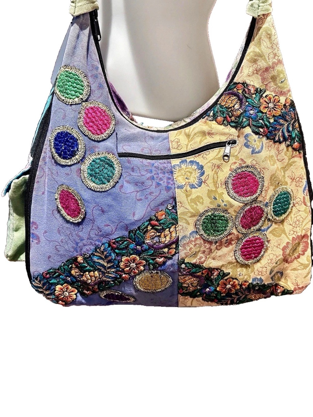💙BLUE SKY💙 COTTON CANVAS LINEN TIE-DYE FLORAL EMBROIDERY 9 POCKET ZIP AROUND BAG - Picture 13 of 16